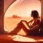 Placeholder: Young woman, sitting in the sun, back, window, on mars