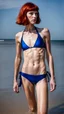 Placeholder: beautiful anorexic woman, full body shot, shiny blue triathlon bikini, shortwavy bob haircut, photographed on the beach, raw, red hair