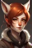 Placeholder: A young female with very short red hair, gold eyes, large fox ears, slight smile, pale skin