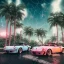 Placeholder: 1980's aesthetic vaporwave palm trees and spheres and Porsche with lightning