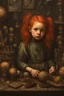 Placeholder: Little girl with red hair in Cyberpunk wunderkammer painted by Caravaggio, unsane details, soft colors, lot of space around the girl with a lot of strange objects