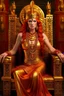 Placeholder: A mature Egyptian goddess with red hair and amber eyes, wearing a red silk gown and a necklace of scarabs. She is sitting on a throne made of gold, carved with the head of a wise and ancient dragon