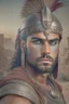 Placeholder: Mesopotamian warrior, expression serious, aura, portrait, background Mesopotamian city