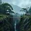 Placeholder: 1 massive squat wooden bridge connects the over two gorge, between two tall rocky shores, sprawling, tall alien trees on both shores, log wooden houses in the distance in the background, rainy landscape, lush vegetation, massive trees,, high detailed, fantasy, cinematic