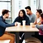 Placeholder: five friends, two men, three women, coffe laboratory, sitting, table