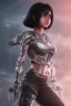 Placeholder: Alita battle angel, futuristic fantasy assassin character, portrait from waist up, intricate eyeliner, vibrant eyeshadow, clear completion, soft lighting, 4k resolution, intricate details, insanely detailed, white tank top, vibrant Japanese style tattoo sleeve, colorful cityscape background, masterpiece, expert, cinematic smooth, retroanime style, realistic details