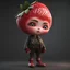 Placeholder: an anthropomorphic strawberry with pixie-cut hair, wearing a leather jacket and pants with 12-inch platform boots