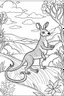Placeholder: Illustrate a scene of a kangaroo hopping happily across the Australian outback, clean line art, white background, no shadows, black and white coloring book.