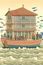 Placeholder: A building floating above the sea, people sitting in the boat wanting to enter the building, and fish rushing into the sea
