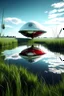 Placeholder: alienigena alto delgado ojos rojos tes blanca, en un campo con laguna, la nave espacial se ve reflejada en el espejo de agua
