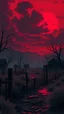 Placeholder: Abandoned village under blood-red sunset, broken fences, empty cabins, eerie wind bending shadows,, muted colors with neon accents, 9:16
