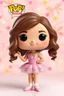 Placeholder: Funko Pop, very young female 12 , long wavy brown hair, pink ballerina dress, ballet pose, smiling, very happy, colorful background, face painted, typography, 3D render.