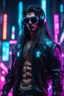 Placeholder: male cyberpunk solo with long hair, korean, Wearing Urban Gang Flash and mirrored dark sunglasses, headaphone, strong cyber warrior, black tatoo, attrakvtive man, Retroanime, rembradt lighting, neon complementary colors, dark vibe, scifi