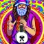 Placeholder: hippie Santa playing electric guitar psychedelic peace sign, MUSHROOMS, TRIPPY