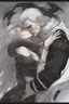 Placeholder: Strahd Von Zarovich, long black hair, being kissed on the mouth by a beautiful woman with white hair, wearing an off the shoulder dress. Settling and background are a lavish toomb with an ebony coffin.