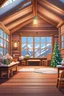 Placeholder: a double suitable studio hall with a portable floor with classic ceiling window two side log cabin, interiors design, lightning surrounding, durable rockchair,vase flowers decorations, children playing, wishing happy Xmas in advance,outside is a glowing snow -covered landscape.