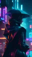 Placeholder: cyberpunk scene with a female android detective in a noir style, investigating a crime in a rainy, neon-drenched cityscape. Emphasize intricate details in the futuristic city architecture. 4k resolution.