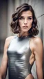 Placeholder: beautiful young woman, short silver metallic triathlon swimsuit, short brunette wavy bob hair, blurred concrete background