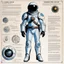 Placeholder: character concept sheet with AD&D statistics and characteristics for the TTPRG "Valerian and Laureline", [illustration by Jean-Claude Mézières (1967)] spacio-temporal agent Kael Dravan (male human), in spacesuit, ready to drive a spaceship