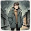 Placeholder: a closeup of a young man in a heavy coat during a rainstorm having a psychotic breakdown cartoon