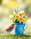 Placeholder: Gemini prompt: A beautiful watercolour painting of a bunch of daffodils in a vintage blue bucket. A robin bird stands beside the flowers. Blurred back ground. Hyper-realistic hyper-vibrant