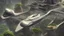 Placeholder: people watching a futuristic ship flying above a utopian city. bridges, roads, balconies, trees, dense foliage, river, pathways, detailed photorealistic