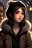 Placeholder: Digital art, high quality, digital masterpiece, natural illumination, realistic, (upper body), (1 young femenine boy:1.5), (Pretty eyes:1.2), Sexy eyelashes, Black eyelashes, (Dark Brown hair:1.5), (subtlety smiling:1) Cute outfit, Cute winter clothes, (Walking away:1.2), (Looking back:1), Autumn, Leaves falling