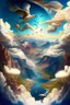 Placeholder: The creation of the world by God. In front of us is a valley with a beautiful landscape, where beautiful animals roam, beautiful birds fly in the sky, beautiful clouds and God in the clouds