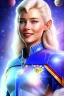 Placeholder: young cosmic woman admiral from the future, one fine whole face, large cosmic forehead, crystalline skin, expressive blue eyes, blue hair, smiling lips, very nice smile, costume pleiadian,rainbow ufo Beautiful tall woman pleiadian Galactic commander, ship, perfect datailed golden galactic suit, high rank, long blond hair,