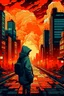 Placeholder: Vibrant Vector Art, Guy in hoodie holding keyboard, nigh time city street on fire, raining, nuclear explosion in the distance, buildings burning