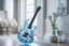 Placeholder: A lovely clear transparent resin guitar with forget-me-not design in a modern room in sunshine