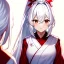 Placeholder: Clear focus, 8k, beautiful lighting, vibrant colors, girl, white hair, long hair, vibrant red eyes, miko, ponytail, twins, white hair, red eyes,