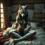 Placeholder: an anthropomorphic wolf woman hybrid full wolf furry on her body sitting in the middle of a bed with a sewing needle and thread in her paw sewing a wide material belt, around her in the background are some paper with sketchy line kind drawings from monster on the walls of the wooden house, high realistic, detailed, cinematic, sci-fi, digital art, dark fantasy mood