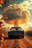 Placeholder: foreground with many falling leaves, behind is a nuclear explosion's mushroom cloud that looks more like a tree in fall, with explosion radiating outward, many leaves falling in foreground, ground is dirt and scorched with a road coming down the middle towards viewer, on the road driving towards the viewer is a black 1963 Lincoln Continental with the roof down and a giant racoon driving , angelic fantastic lighting