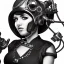 Placeholder: great illustrator, spanish, realistic rendering of a cute girl, beautiful, steampunk syle, black and white. Helmet with tubes. respirator. Machinery in the background. robotic bird flying. High details. 4k. unreal engine