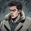 Placeholder: a closeup of a young man in a heavy coat during a rainstorm having a psychotic breakdown cartoon