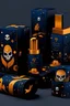 Placeholder: Cosmetic packaging in a Halloween theme. Featuring graphic outlines small estetic of pumpkin, bat, moon, skull, and ghosts. for preeten girl In navy blue, gold, and black colors. Please arrange the packaging in an interesting style, ideal for Instagram.