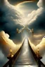 Placeholder: Subject: "The Straight Path Bridge to Heaven and Hell Below" Descriptions of bridge: narrow, straight, seemingly never-ending, made of white marble Descriptions of Heaven: bright, golden light, fluffy clouds, harp music Descriptions of Hell: dark, fiery, full of smoke and screams Descriptions of mood/atmosphere: ominous, eerie, fearful Artistic medium/techniques: oil painting, chiaroscuro, high contrast Artists/Illustrators/Movements: Hieronymus Bosch, Dante Alighieri, Northe