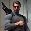 Placeholder: a young man with big muscles who looks like hans gruber wearing a turtleneck and a shoulder holster for a gun with red sunglasses staring with an angry look on his face