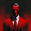 Placeholder: a sinister figure wearing a red suit with a red tie with no face and dirty slicked back hair