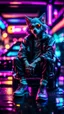 Placeholder: camera angle from feet, portrait of slick lord water wolf Gremlin myth buster pimp ninja cyber punk sitting on a hipster car parked in dark neon lit reflective wet arcade hall tunnel,bokeh like f/0.8, tilt-shift lens 8k, high detail, smooth render, down-light, unreal engine, prize winning