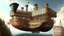 Placeholder: large wooden Victorian pleasure steamboat flying above a city, balconies, verandas