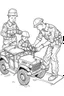 Placeholder: Outline art for coloring page OF A BOY PLAYING WITH A 1940'S TOY SET OF FOUR SMALL AMERICAN PLASTIC TOY ARMY SOLDIERS, coloring page, white background, Sketch style, only use outline, clean line art, white background, no shadows, no shading, no color, clear