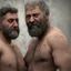 Placeholder: extreme close up photo of two italian prisoners in tank top 40 years old kissing in prison behind bars, chubby, dirty, ugly, bullneck, muscular, short beard, long hairs, manly chest, misery and poverty, emotive eyes, photo 35mm lens, side view, photorealistic, ultradetailed