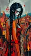 Placeholder: full body, wildly stylized abstract realist painting of a bold, audacious female vampire with highly detailed long dark braided hair and facial features and luminous glowing eyes in the style of Jeremy Mann, her silhouette residing amidst bold, attention-grabbing abstract design that's defined by a wash of vibrant, highly saturated natural hues, juxtaposed against stark, surrealist medieval Spanish landscape of bustling colored cityscapes
