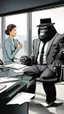 Placeholder: A gorilla wearing a suite and tie with hat sitting as a boss on office table with a cigar in hand and a beautiful young woman secretary taking a note from him in a very modern office room with a big window and wonderful landscape behind the window