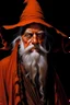 Placeholder: an old disheveled man with straggly greasy grey hair and a thick beard wearing strange opulent dark coloured flapping robes with orange trim and inscriptions with a strange ancient looking hat, angus mckie art style, thin faced, thin, boney features, bold colouring