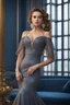 Placeholder: full body woman, from Russian Federation , elegant dress, elegant curled hair , 19 years old ,earring, nice make up,8k, Candid avant garde portrait, charming woman, wearing Lovely Flower Diamond Pendant, octane render 3d, plastic material