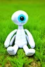 Placeholder: plush toy(tall and skinny, no arms, no legs, 1 eye) sitting, small feet at front, in a field of short grass