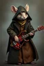 Placeholder: A mouse warring a black coat dressed brown coat, playing the bass guitar